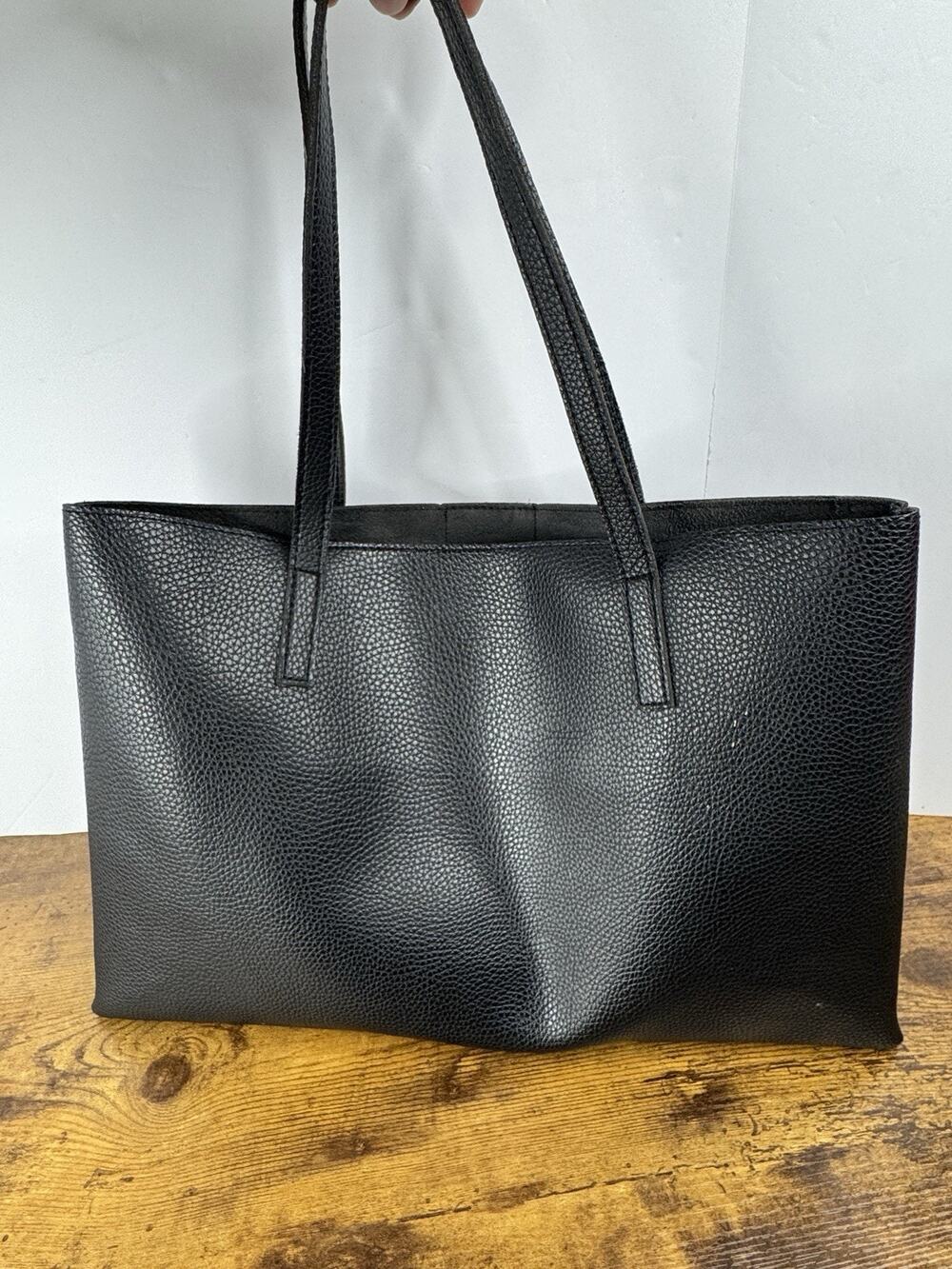 Vince Camuto Black Pebbled Faux Leather Tote Bag Large Open Top Shopper Purse